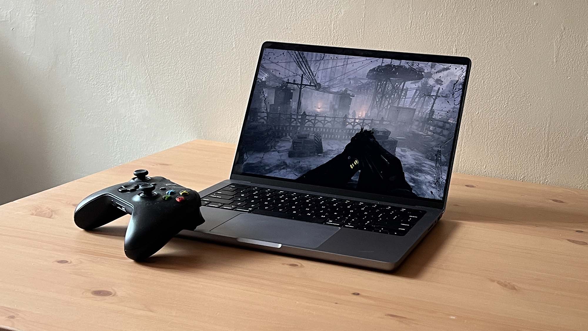 A MacBook Pro 14-inch playing Metro Exodus