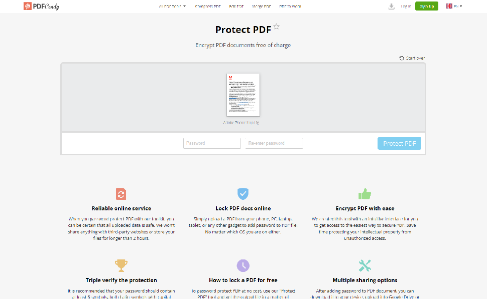 PDF encryption options in PDF Candy