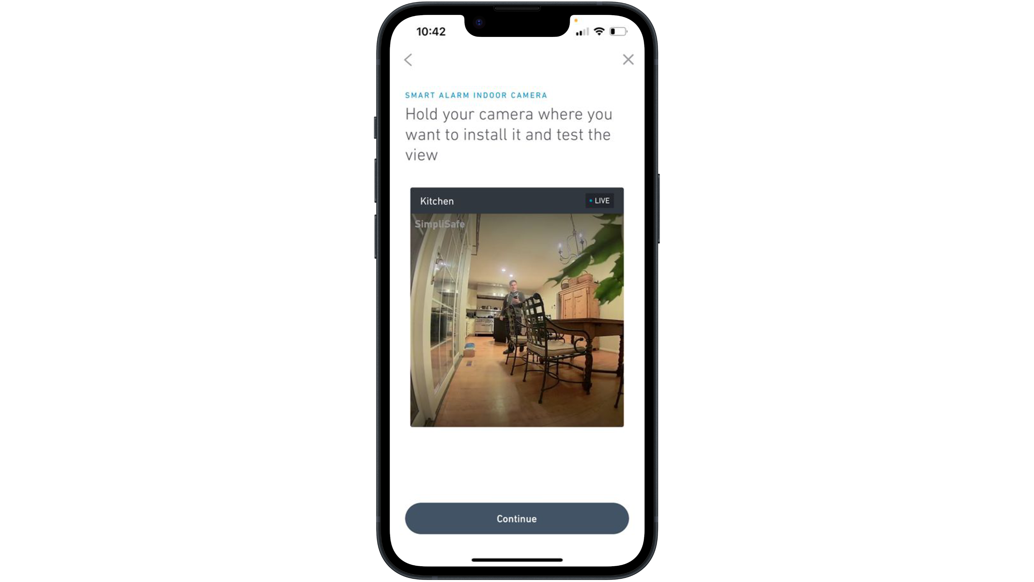 Simplisafe home security system app on an iPhone showing the camera setup